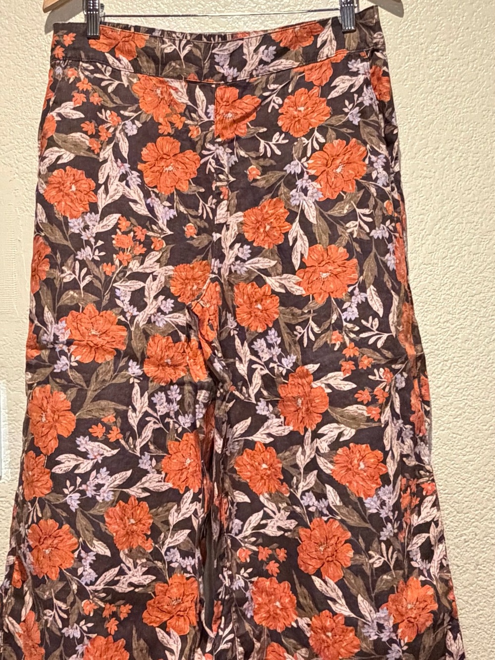 Haute Hippie Brown Floral Linen Pants with Orange Accents
